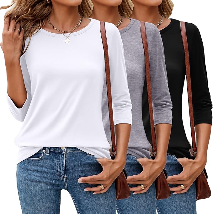 3 Pack 3/4 Sleeve Tops for Women Round Neck